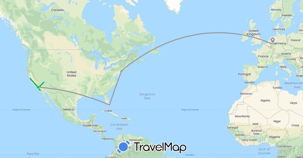 TravelMap itinerary: driving, bus, plane, train in Germany, United States (Europe, North America)